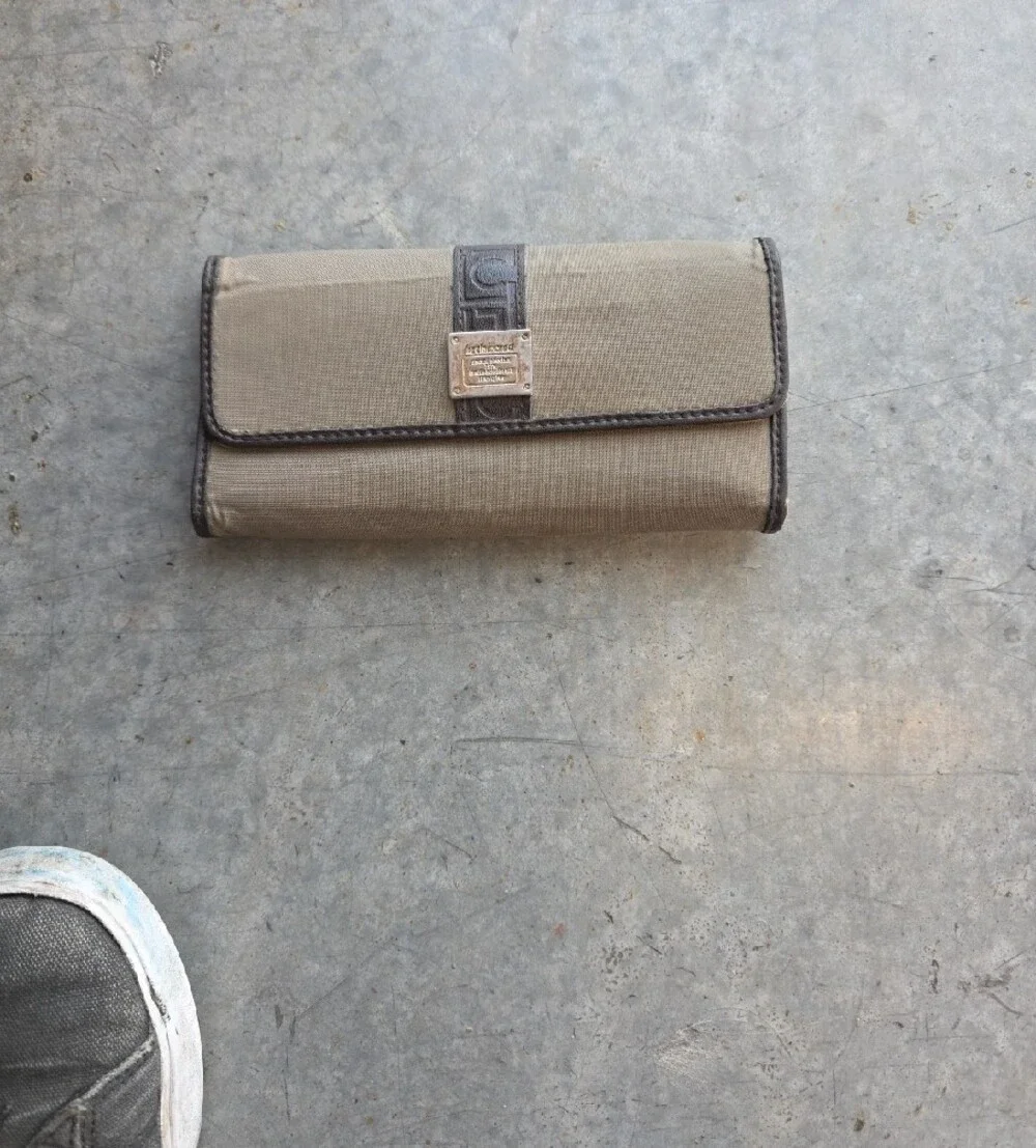 Liz Claiborne Tan and Brown Canvas Messenger with Metal Logo Plaque